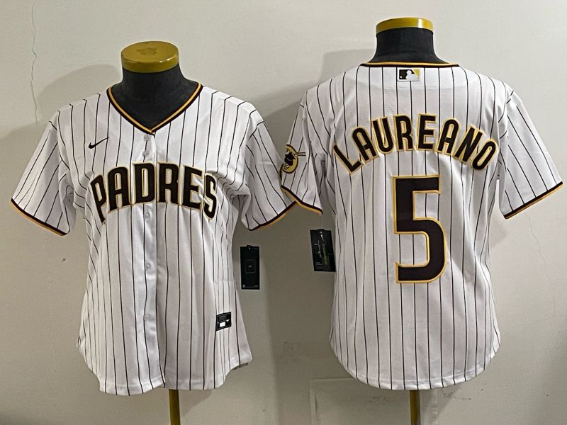 Women San Diego Padres #5 Laureano White Stripe Nike 2025 MLB Jersey 01